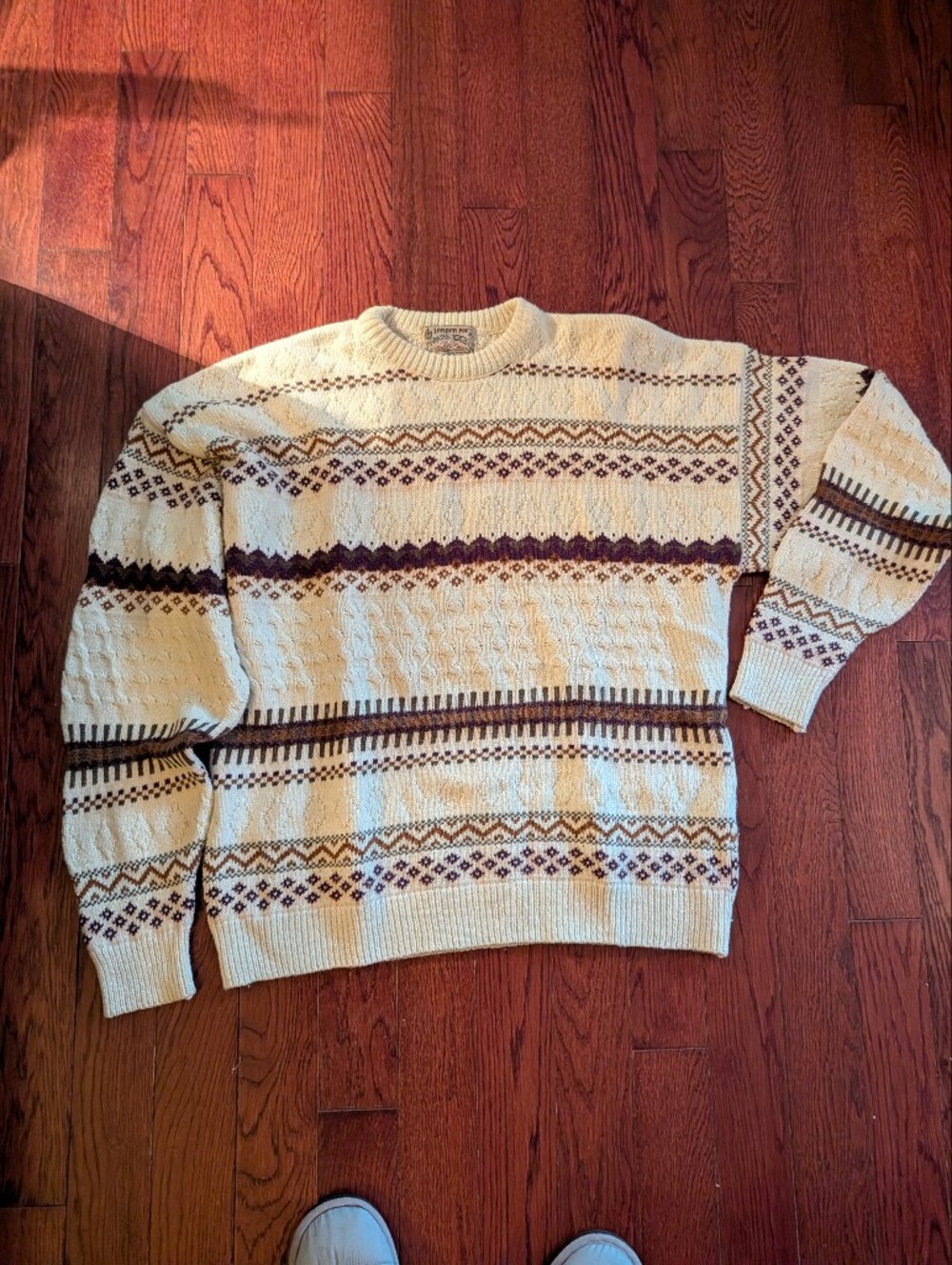 Vintage London Fog Cream Patterned Crewneck Sweater with Brown Stripes